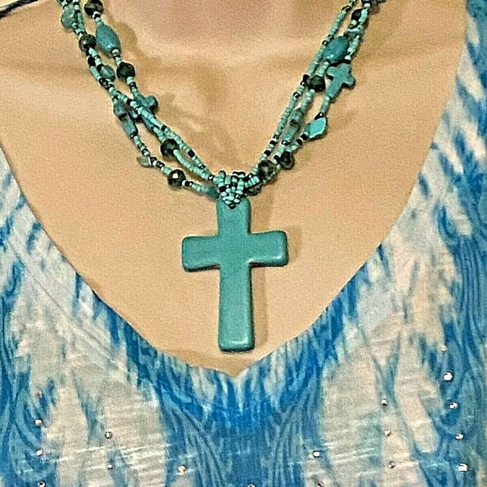 Beaded Christmas Western Turquoise Cross Seed Bead Necklace Earring - Picture 7 of 11